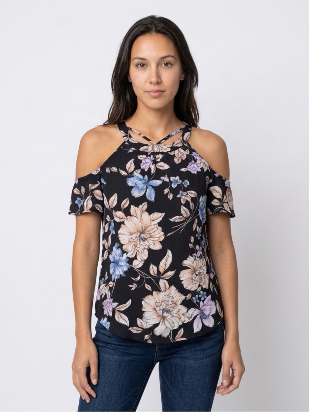 IZ Byer Floral Cold Shoulder Halter Blouse XS Top Black Crisscross Cottagecore